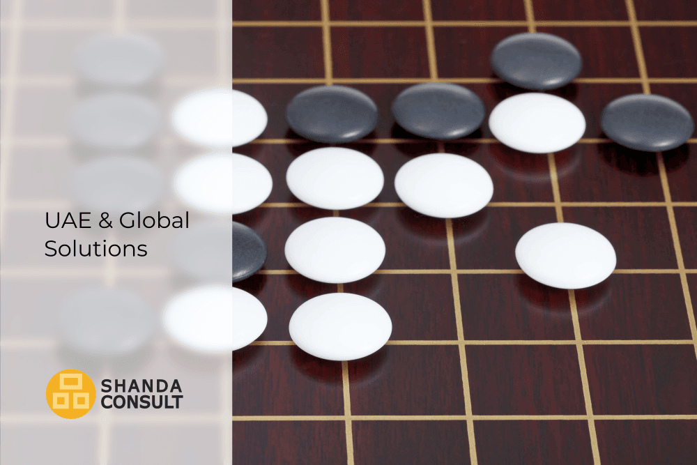 Clusters of Go stones across a board representing the strategic bridge between the UAE, Cyprus, and global international markets.