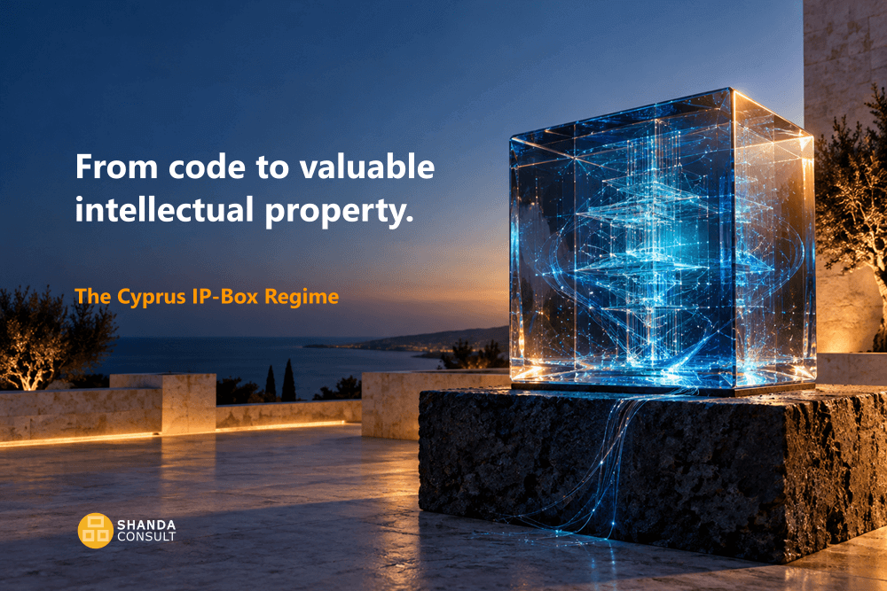 Illuminated glass cube symbolising software intellectual property, overlooking the Mediterranean at dusk.