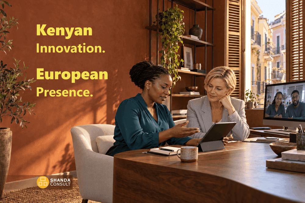 Kenyan technology entrepreneur reviewing software with a European client in a Cyprus office, with developers joining by video.